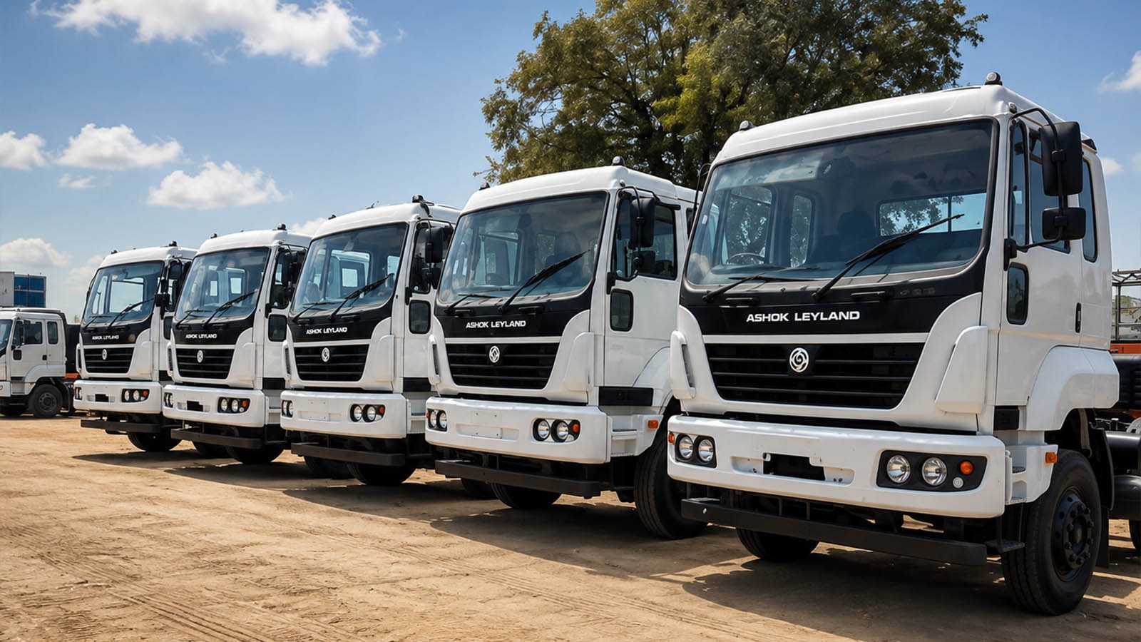 Commercial trucks lined up in a vehicle yard